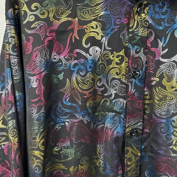 ZEROYAA Men's Metallic On Black Printed XL LongSleeve Button Dress Shirt Rainbow - Picture 8 of 10